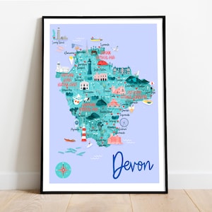 Impression d'art carte du Devon, impression de voyage dans le Devon, carte dessinée à la main, impression de voyage en Grande-Bretagne, carte du Devon pour enfants, impression d'art du Devon, impression d'Exeter