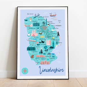 Impression d'art carte Lincolnshire, impression voyage Lincolnshire, carte dessinée à la main, art mural enfant, impression d'art Lincolnshire, carte de voyage Royaume-Uni