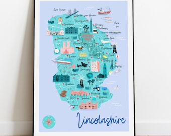 Lincolnshire Map Art Print, Lincolnshire Travel Print, Hand Drawn Map, Kids Wall Art, Lincolnshire Art Print, UK Travel Map