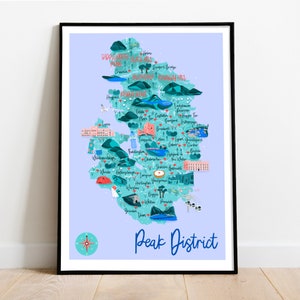 Impression d'art de carte de Peak District, impression de voyage de Peak District, carte dessinée à la main, carte de Peak District, carte de voyage du Royaume-Uni