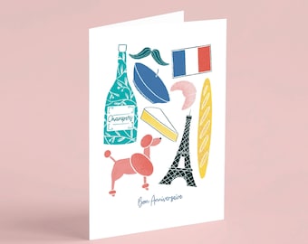 Bon Anniversaire Birthday Card, Illustrated Birthday Card, French Themed Design, Eco Friendly Birthday Card, Plastic Free Packaging