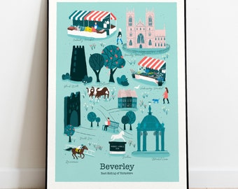 May include: A colorful illustrated map of Beverley, East Riding of Yorkshire, England. The map features landmarks like Beverley Minster, Saturday Market, and the White Horse Inn.
