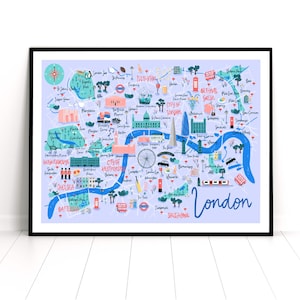 Impression d'art carte de Londres, impression de voyage à Londres, carte dessinée à la main, art mural pour enfants, carte de Londres pour enfants, impression d'art de Londres, carte de voyage au Royaume-Uni