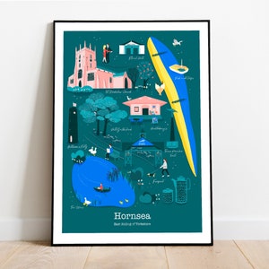 May include: An illustrated map of Hornsea, East Riding of Yorkshire, featuring landmarks like St. Nicholas Church, a pond, and a windmill. The map is drawn in a whimsical style with bright colors and people walking around.