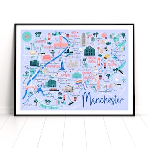 Impression d'art carte Manchester, impression voyage Manchester, carte dessinée à la main, impression voyage britannique, carte Manchester pour enfants, impression d'art Manchester