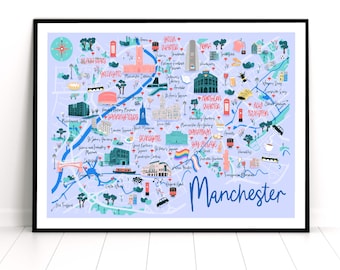 Map of Manchester, Manchester Travel Print, Hand Drawn Map, British Travel Print, Children’s Manchester Map, Manchester Art Print