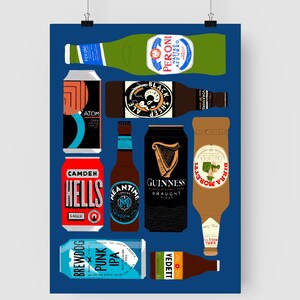 May include: A blue background with a collection of beer cans and bottles. The cans and bottles feature various brands, including Camden Hells Lager, Brewdog Punk IPA, Meantime London IPA, Guinness Draught Stout, Peroni, Atom Dark Matter, Black Sheep Ale, Birra Moretti, and Vedett.