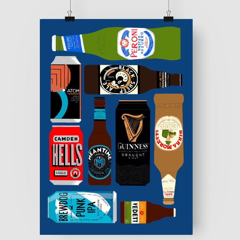 May include: A blue background with a collection of beer cans and bottles. The cans and bottles feature various brands, including Camden Hells Lager, Brewdog Punk IPA, Meantime London IPA, Guinness Draught Stout, Peroni, Atom Dark Matter, Black Sheep Ale, Birra Moretti, and Vedett.