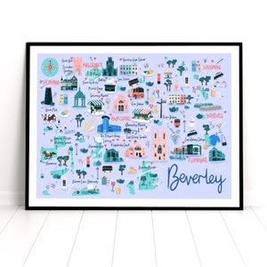 Carte de Beverley, impression de voyage Beverley, carte dessinée à la main, impression de voyage en Grande-Bretagne, impression de l'East Yorkshire, carte de Beverley, impression d'art Beverley