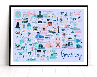 Pode incluir: Um mapa ilustrado colorido de Beverley, Inglaterra, com marcos e pontos de interesse destacados. O mapa está sobre um fundo roxo claro com uma moldura preta.