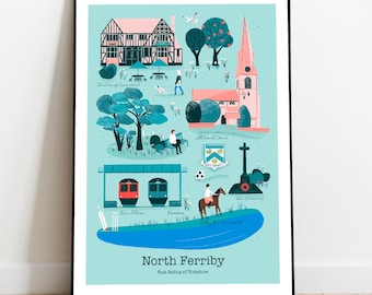 May include: An illustrated map of North Ferriby, East Riding of Yorkshire, England. The map features a church, a train station, a pub, a park, and a river. The map is drawn in a colorful, whimsical style.