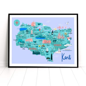Carte du Kent, impression de voyage dans le Kent, carte dessinée à la main, impression de voyage en Grande-Bretagne, carte du Kent pour enfants, impression d'art du Kent