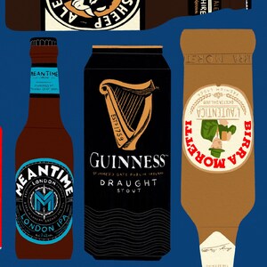 May include: A collection of six different beer bottles and cans. The bottles and cans are all different colors and have different labels. The labels include the names of the beers, such as "Meantime", "Guinness", and "Birra Moretti".