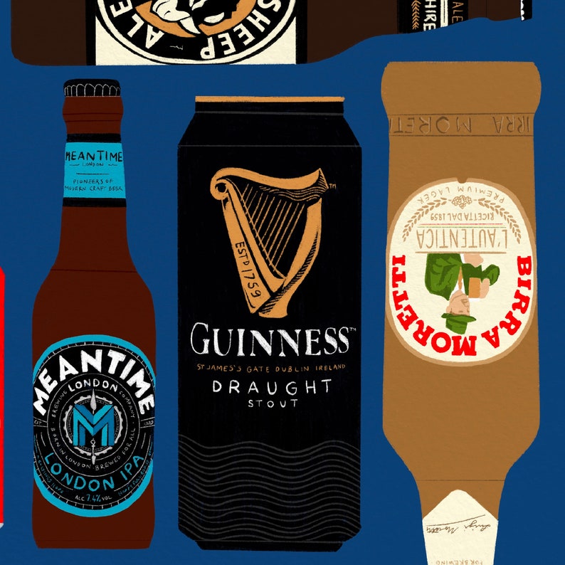 May include: A collection of six different beer bottles and cans. The bottles and cans are all different colors and have different labels. The labels include the names of the beers, such as "Meantime", "Guinness", and "Birra Moretti".