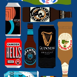 May include: An assortment of beer cans and bottles, including Camden Hells Lager, Brewdog Punk IPA, Guinness Draught Stout, Peroni Nastro Azzurro, Meantime London IPA, Atom Dark Matter, Black Sheep Ale, Birra Moretti, and Vedett IPA. The cans and bottles are arranged on a blue background.