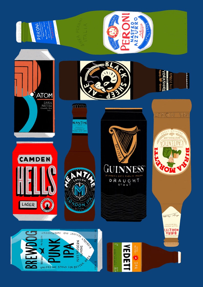 May include: An assortment of beer cans and bottles, including Camden Hells Lager, Brewdog Punk IPA, Guinness Draught Stout, Peroni Nastro Azzurro, Meantime London IPA, Atom Dark Matter, Black Sheep Ale, Birra Moretti, and Vedett IPA. The cans and bottles are arranged on a blue background.