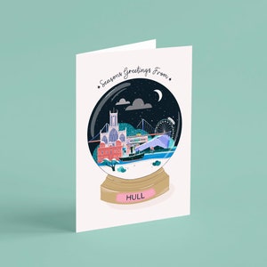 Carte de Noël Kingston Upon Hull, Carte de Noël Snow Globe, Carte à paillettes, Carte de Noël écologique, Emballage sans plastique