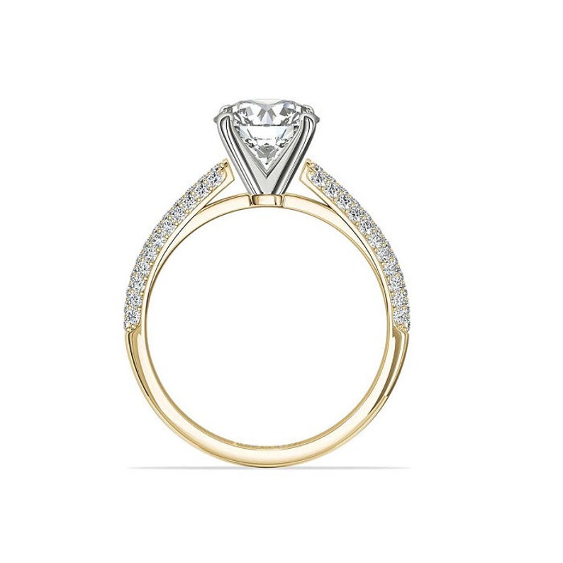 Moissanite Engagement Ring 14K Two Tone Gold Ring 1.50 Carat Moissanite Solitaire Ring Micro Pave Ring Round Simulated Wedding Ring