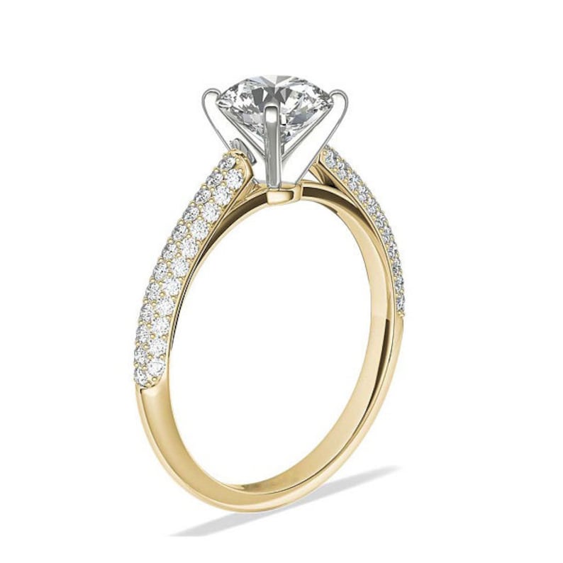 Moissanite Engagement Ring 14K Two Tone Gold Ring 1.50 Carat Moissanite Solitaire Ring Micro Pave Ring Round Simulated Wedding Ring