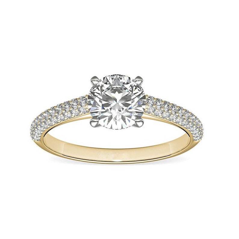 Moissanite Engagement Ring 14K Two Tone Gold Ring 1.50 Carat Moissanite Solitaire Ring Micro Pave Ring Round Simulated Wedding Ring