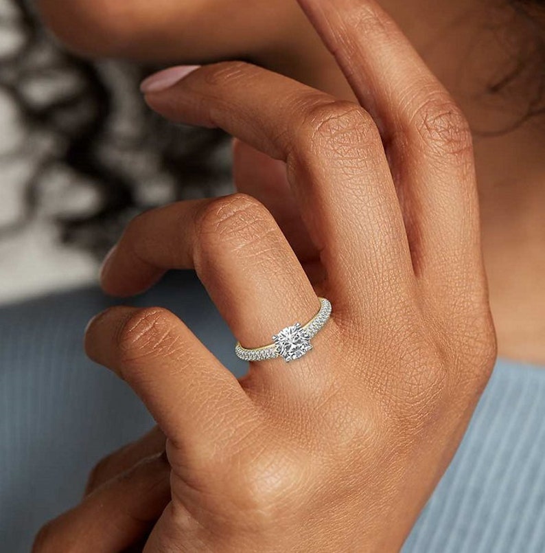 Moissanite Engagement Ring 14K Two Tone Gold Ring 1.50 Carat Moissanite Solitaire Ring Micro Pave Ring Round Simulated Wedding Ring
