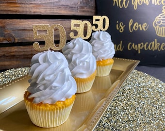 50th Birthday Cupcake Toppers: Glitter Party Decorations