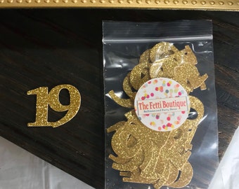 May include: Gold glitter number 19 confetti in a clear plastic bag with a sticker that says "The Fetti Boutique, Balloons and Party Decor".