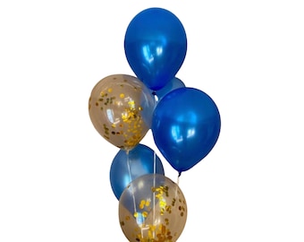 blue balloons | confetti balloons | gold confetti balloons | 6 ct | blue birthday decorations | balloons | blue birthday party | blue decor