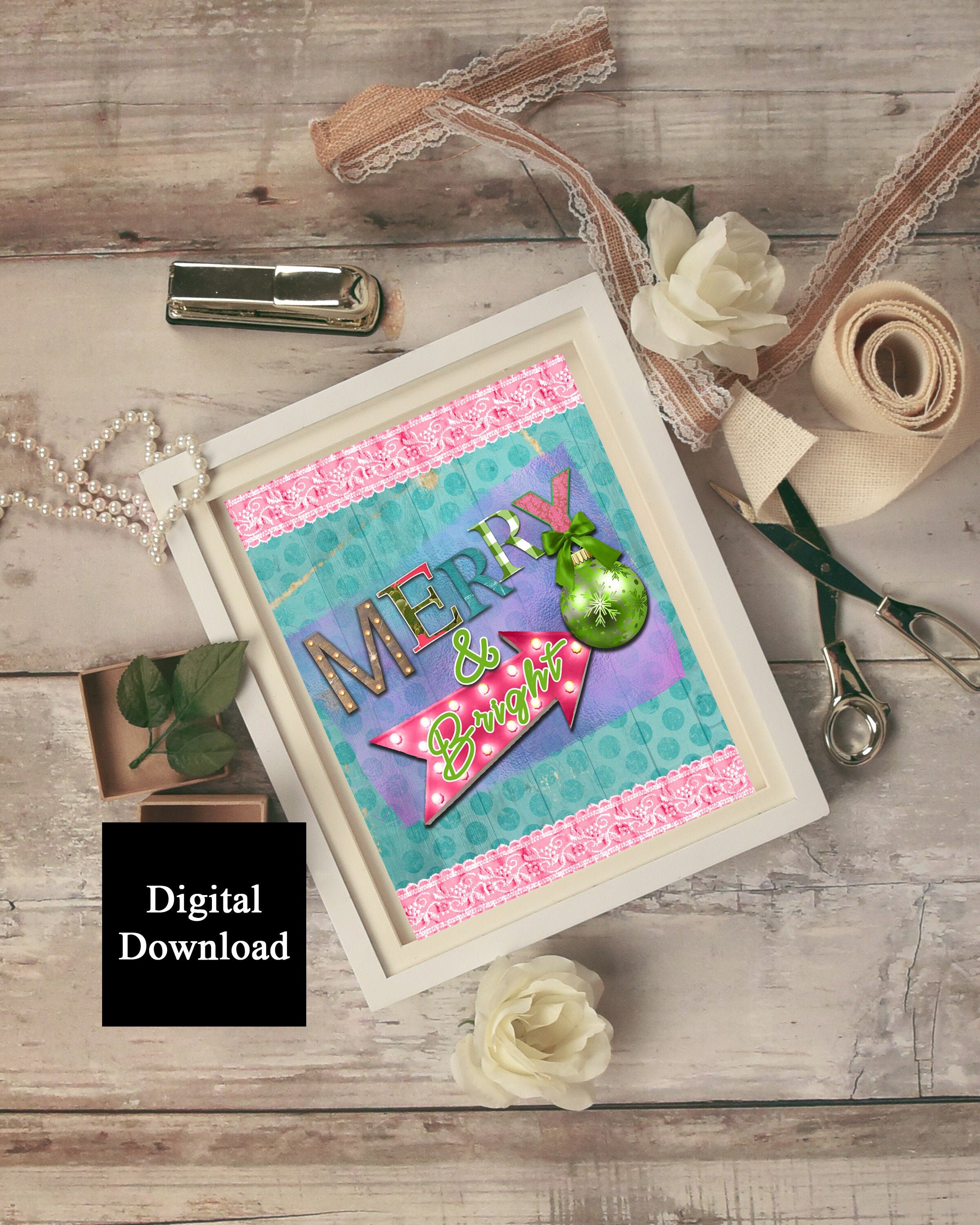 Christmas Printable Merry and Bright Wall Art Downloadable | Etsy