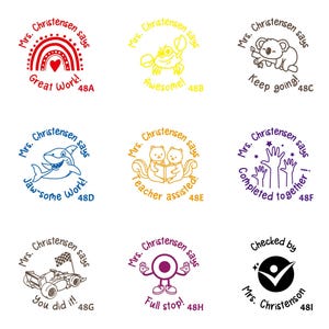 May include: A collection of nine round stamps with various designs and text. The stamps feature illustrations of a rainbow, crab, koala, shark, squirrels, hands, race car, a circle figure, and a checkmark. Each stamp includes the text "Mrs. Christensen says".