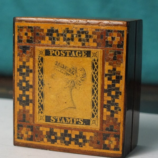 Feine antike viktorianische Tun Bridge Ware Stempelbox mit Stempeldesign auf dem Deckel