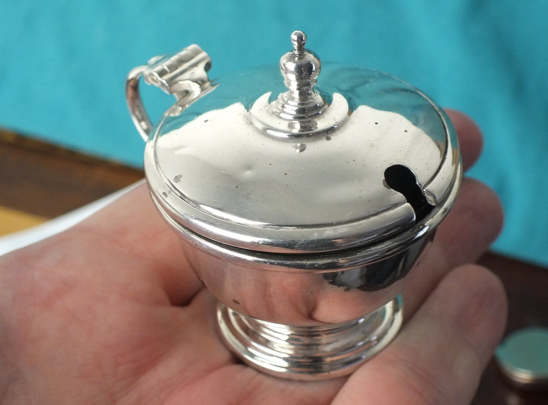 Silver Mustard Pot and Blue Glass Liner Birmingham 1930 Etsy