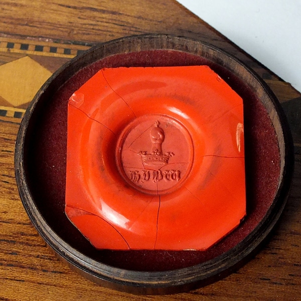 Fine Antique 19thC Red Wax Seal In Turned Wooden Case - Hand Holding An Orb and Crown