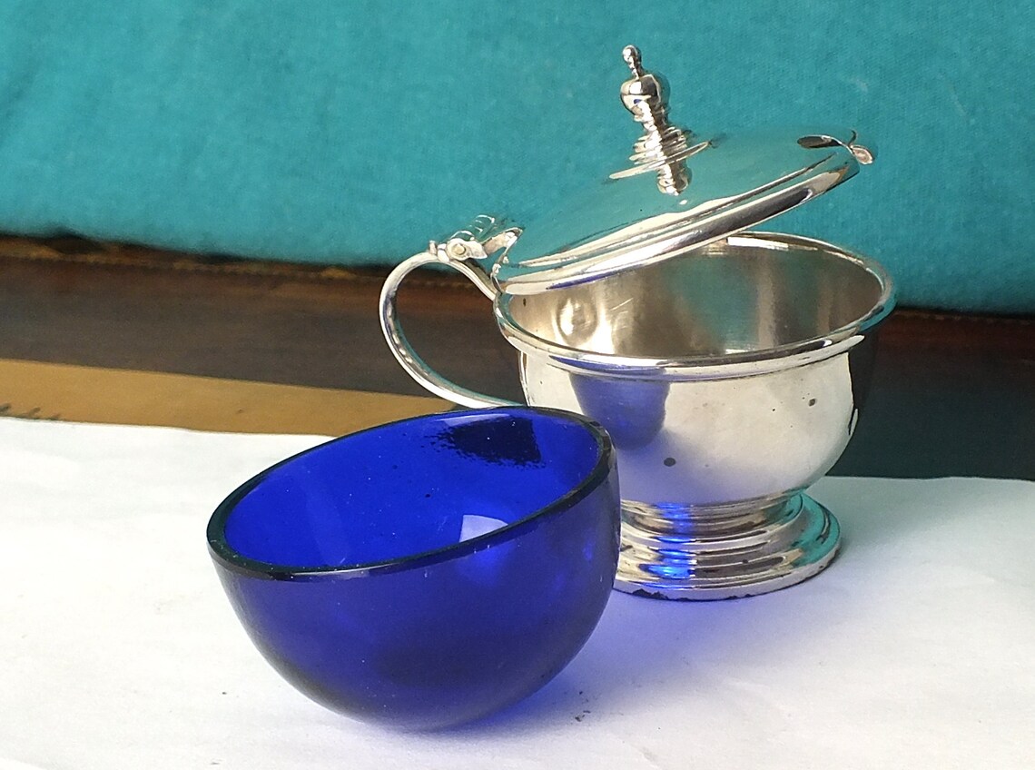 Silver Mustard Pot and Blue Glass Liner Birmingham 1930 Etsy