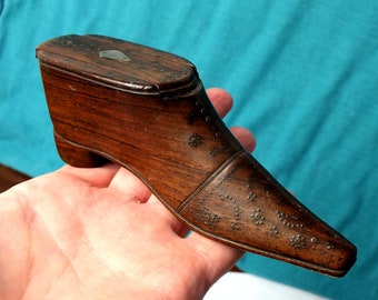 Unusual Large Georgian Carved Treen Pique Inlaid Shoe Form Table Snuff Box