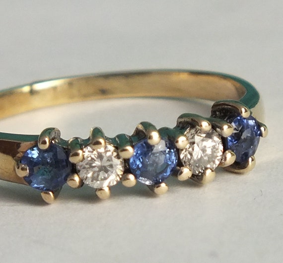 Fine 9ct Gold Diamond and Sapphire Five Stone Rin… - image 1