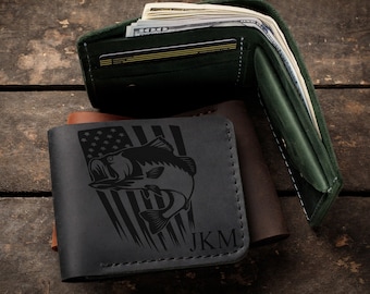 Personalized leather bifold wallet with coin pouch for fisherman, engraved fish and american flag, custom gift for father