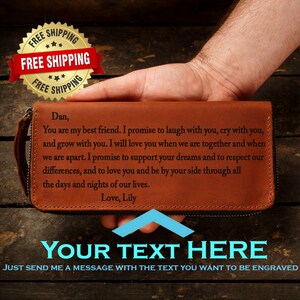Cartera larga con grabado de texto, cartera con cremallera de cuero, cartera de mano con cremallera personalizada para hombres y mujeres, regalo personalizado para un amigo