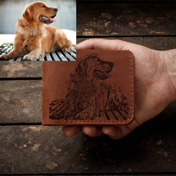 Portefeuille à deux volets en cuir gravé pour chien, portefeuille pour homme personnalisé, cadeau personnalisé pour mari, portefeuille gravé pour les amoureux des animaux de compagnie, cadeau de fête des pères