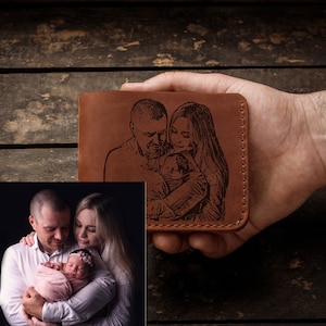 Portefeuille bifold en cuir gravé portrait de famille pour homme, portefeuille homme personnalisé avec pochette à monnaie, cadeau personnalisé pour mari, cadeau d'anniversaire
