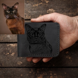 Cat engraving - Personalized leather bifold wallet with coin pouch for men and women, leather handmade wallet, custom gift for mother's day