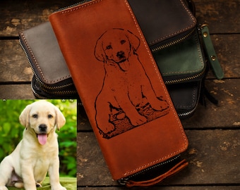 Cartera de piel con cremallera y grabado de retrato de perro, cartera personalizada con foto, cartera larga de viaje para hombre y mujer, regalo personalizado para dueños de perros