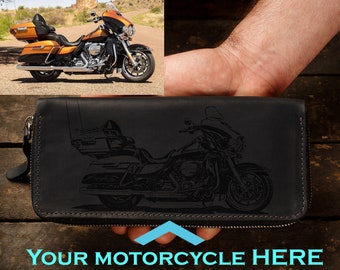 Cadeau de motard - portefeuille zippé fait main gravé moto, portefeuille de voyage en cuir pour homme, cadeau personnalisé gravure personnalisée pour lui