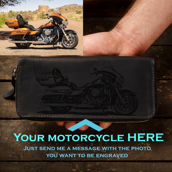 Biker's gift - motorcycle engraved handmade zip-around wallet, leather travel wallet for men, custom engraving personalized gift for him