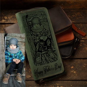 Gravura de foto infantil, bolsa com zíper de couro, carteira personalizada com zíper, carteira de viagem para homens, presente de Natal personalizado para marido e mulher