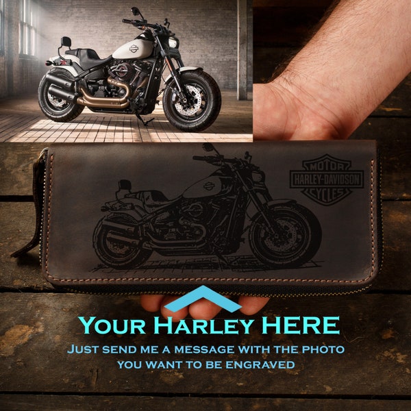 Harley-Davidson motorcycle engraved handmade zip-around wallet, men leather travel wallet, personalized birthday gift for biker