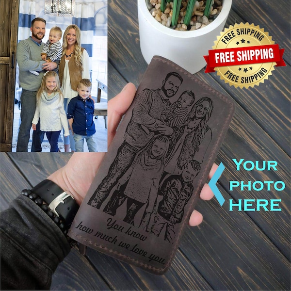 Large leather wallet engraved with family photo, handmade credit card purse, leather wallet clutch, personalized birthday gift for husband