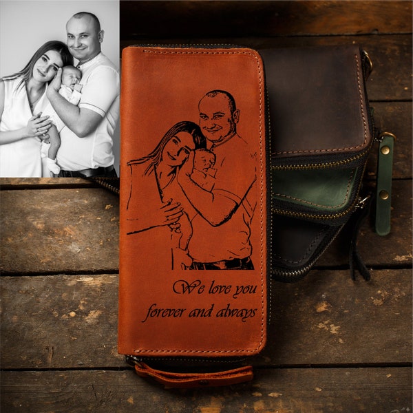 Family photo engraving, leather zipper wallet, custom zip-around wallet, leather clutch for men and women, personalized anniversary gift