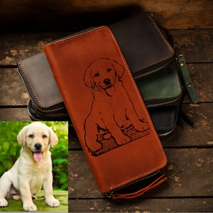 Portafoglio con cerniera in pelle con incisione ritratto di cane, portafoglio fotografico personalizzato, portafoglio da viaggio lungo per uomini e donne, mamma cane personalizzata, regalo papà cane