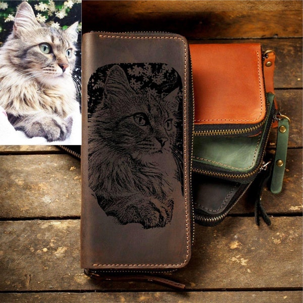 Cat lovers gift, leather travel wallet with cat engraved, handmade zip-around wallet, men leather wallet clutch, birthday personalized gift